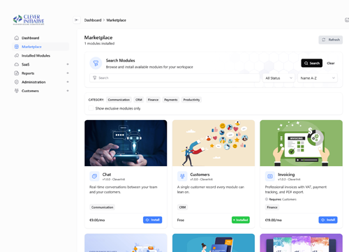 The CleverInit module marketplace, with a module being installed.